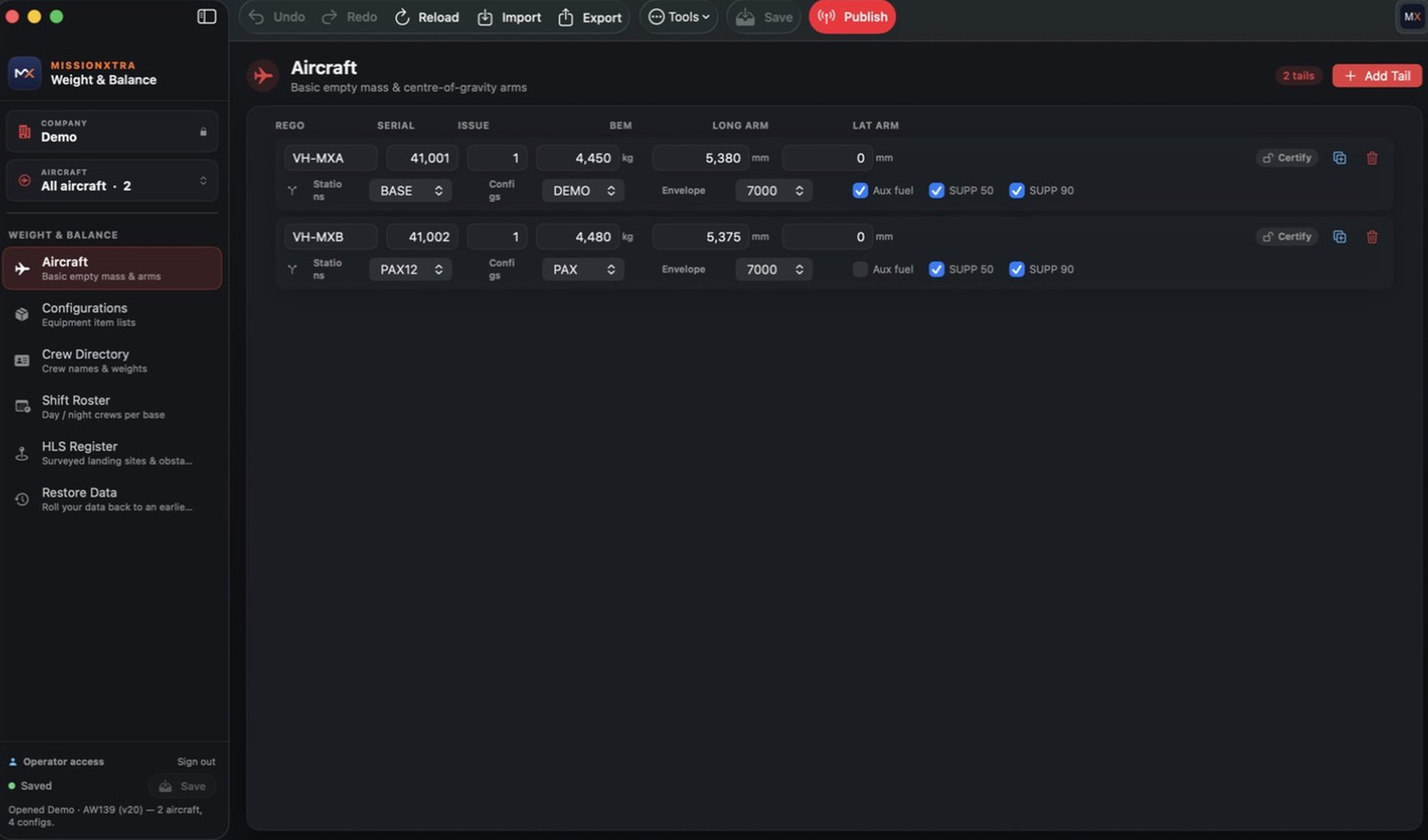 Aircraft editor with basic empty mass and CG arms