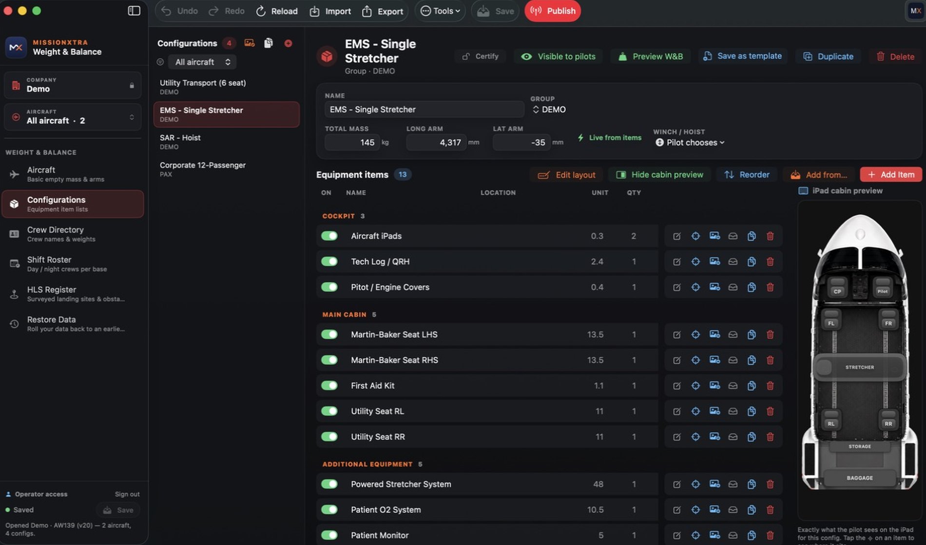 Configurations editor showing equipment items grouped by cabin zone alongside the live iPad cabin preview