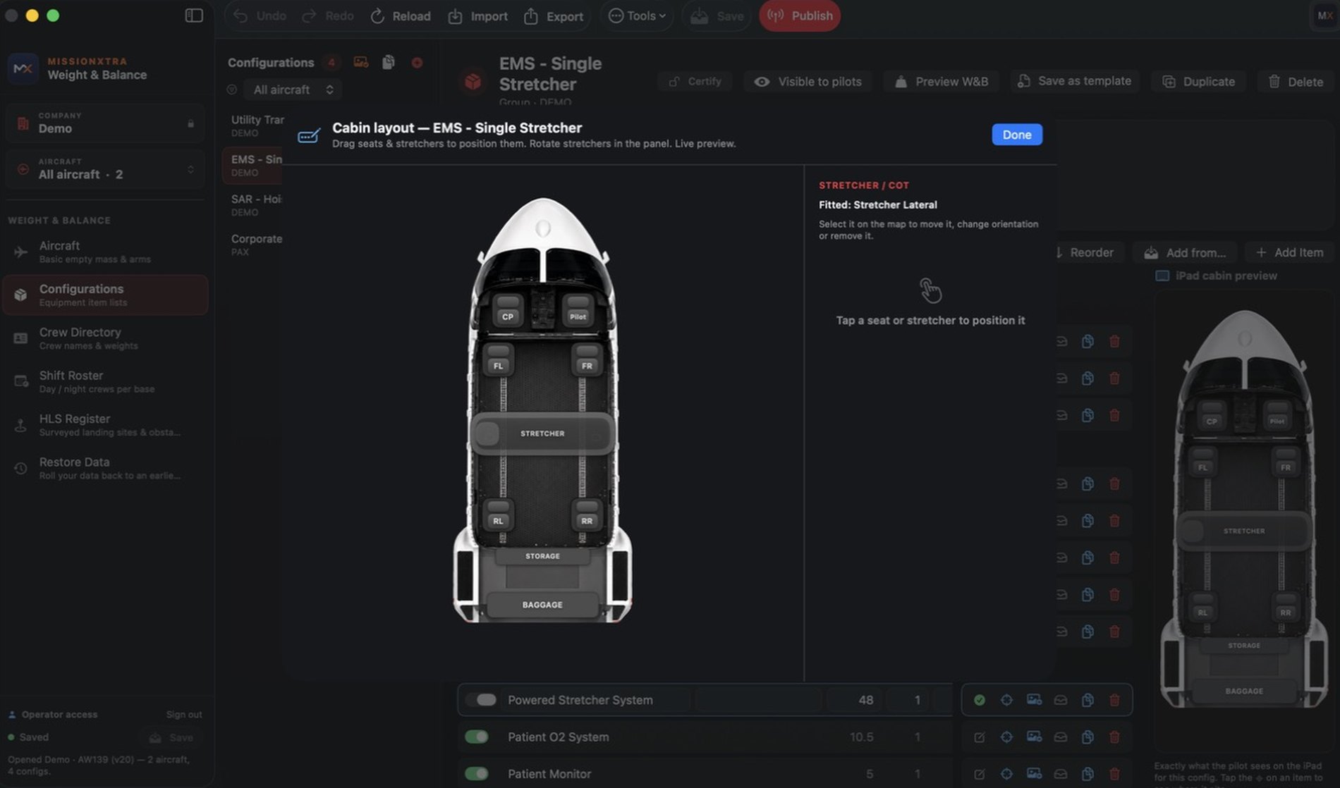 Cabin layout editor with draggable seats and stretchers