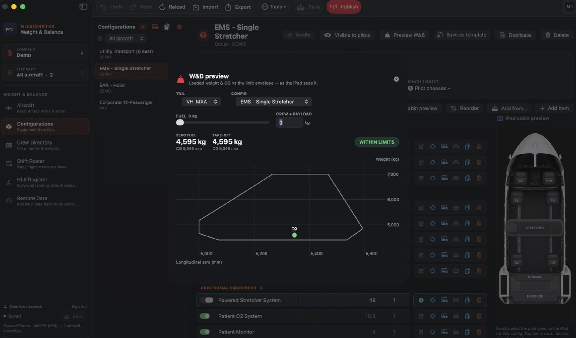 W&B preview showing loaded weight and CG against the envelope