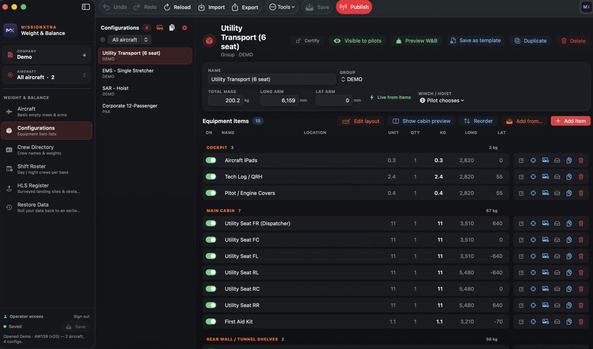 Configurations editor with equipment item list