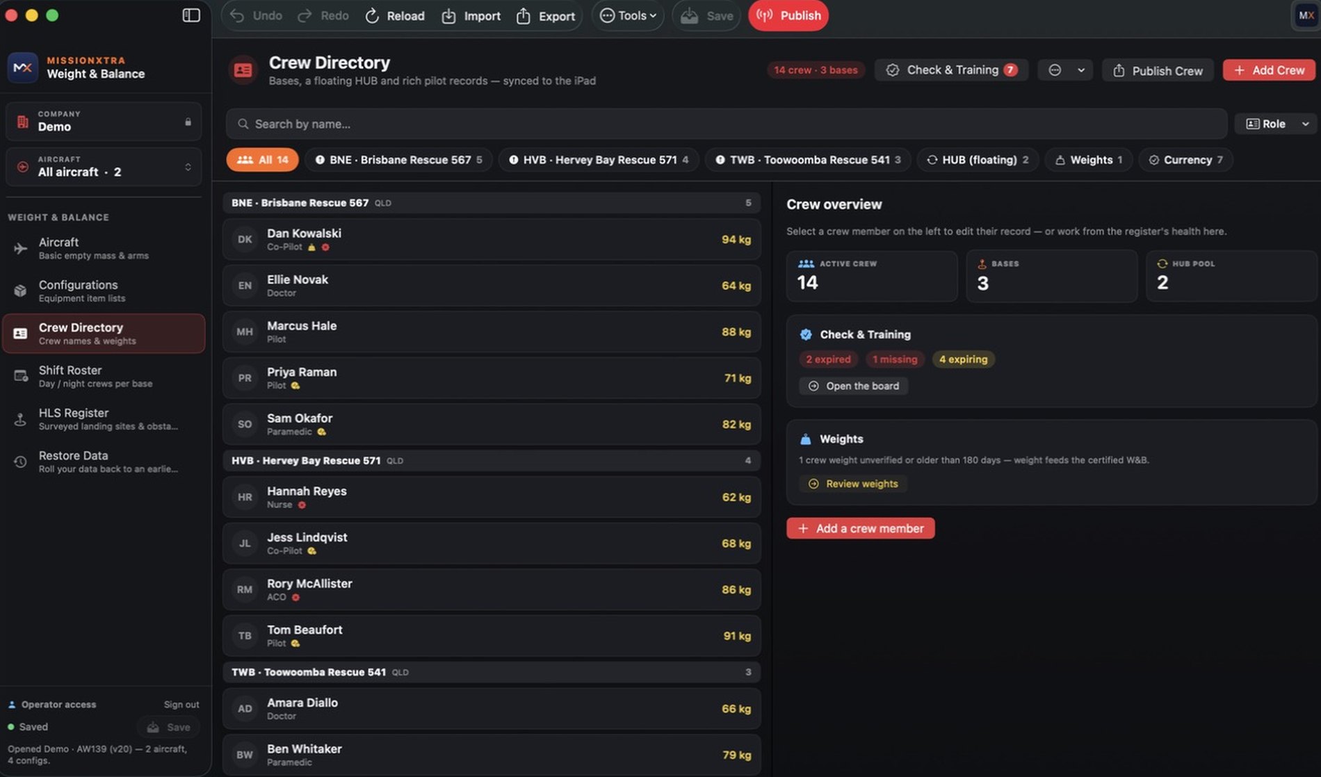 Crew Directory with bases, crew overview and Check & Training compliance