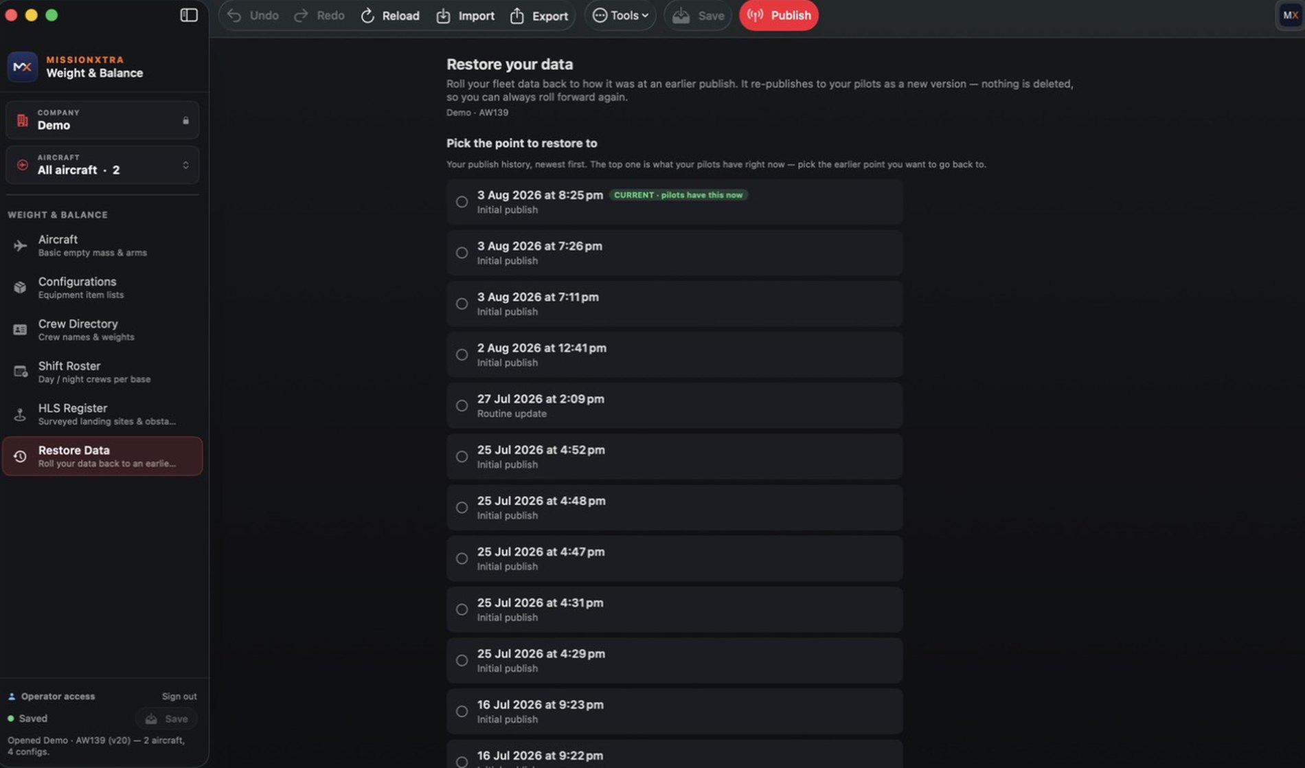 Restore Data showing the publish history timeline with the current release badged