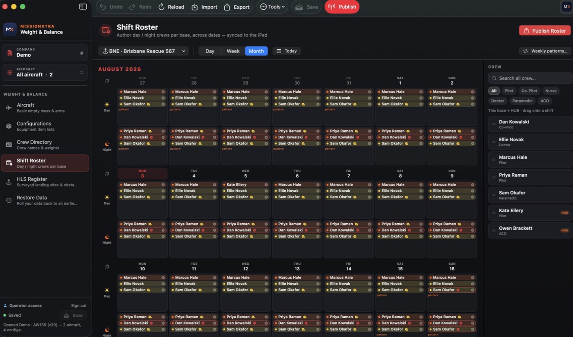 MissionXtra Mission Editor showing the Shift Roster with day and night crews across a month