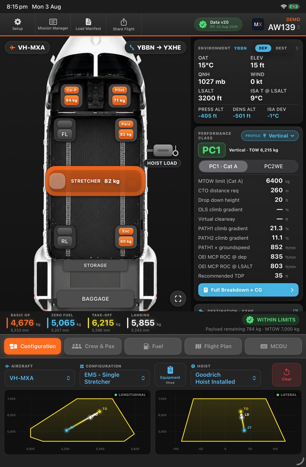 MissionXtra flight deck showing the cabin seat map, environment, performance class and dual CG envelopes